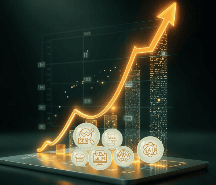 3D visualization of a rising bar chart with a glowing upward arrow above a tablet, illustrating growth in digital marketing services including SEO, social media marketing, PPC, web development, and AI-powered solutions